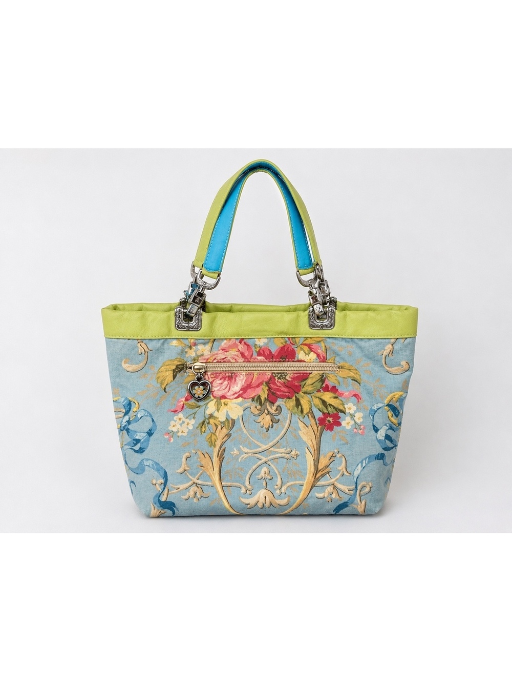 Brighton Reversible Floral Canvas Leather Tote Bag Blue Green Silver Hardware